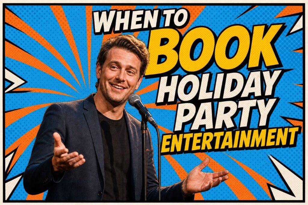 Corporate comedian performing at a company holiday party