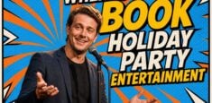 Corporate comedian performing at a company holiday party