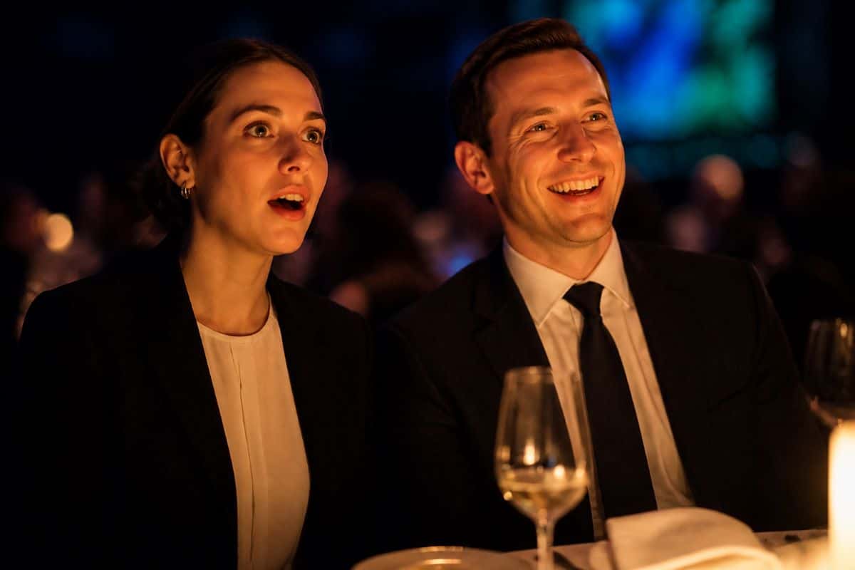Corporate gala audience watching entertainment performance in darkened ballroom