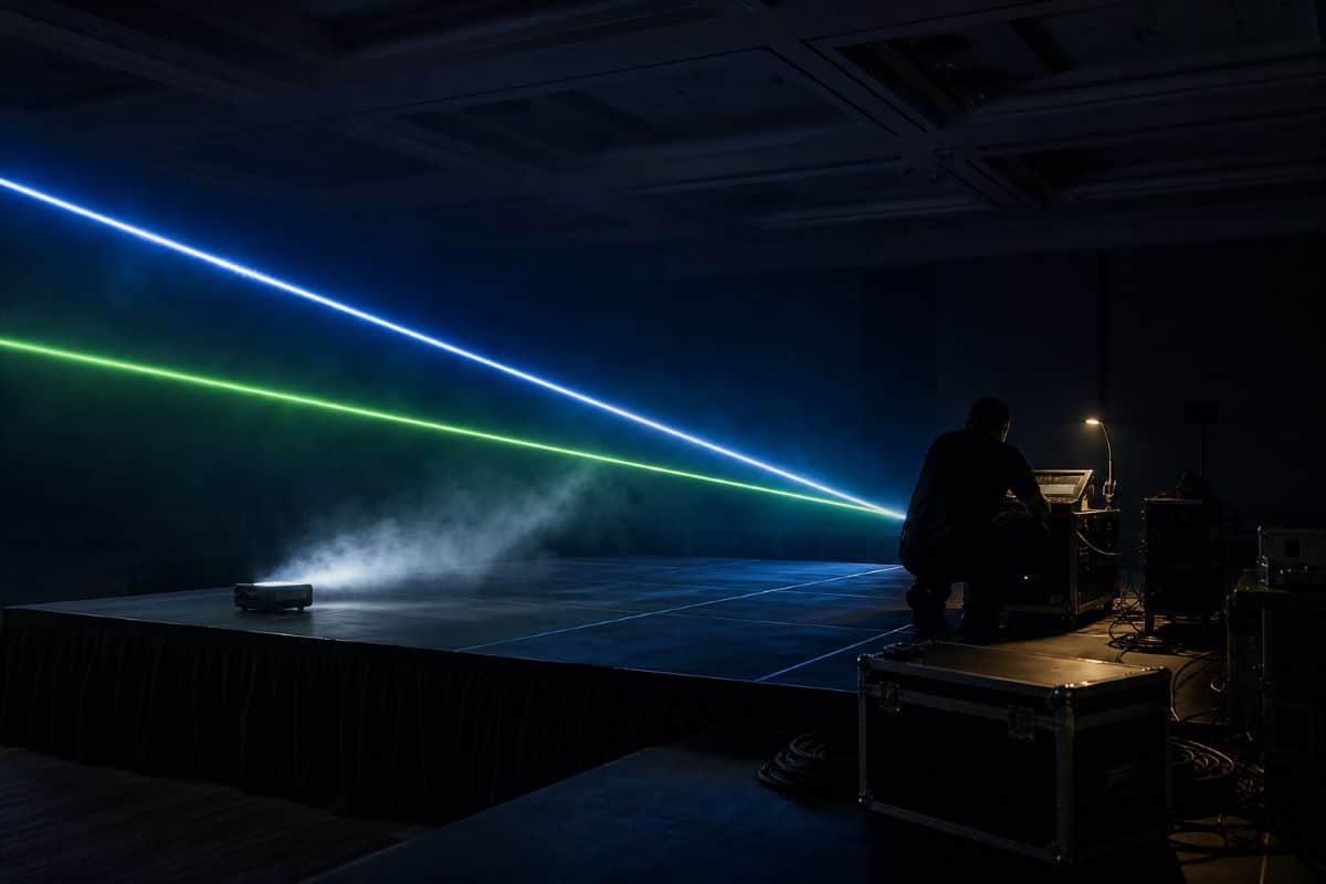 Corporate event stage setup with haze and lighting prepared for LED performance