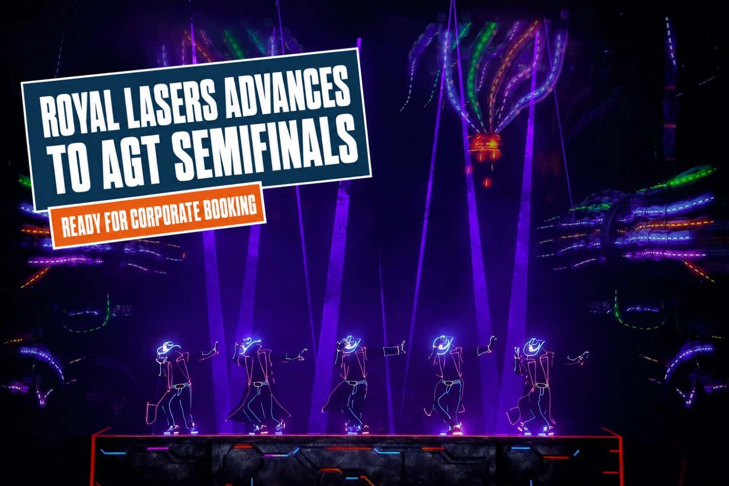 Royal Lasers laser dance trio performing on a darkened stage with purple laser beams
